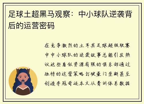 足球土超黑马观察：中小球队逆袭背后的运营密码